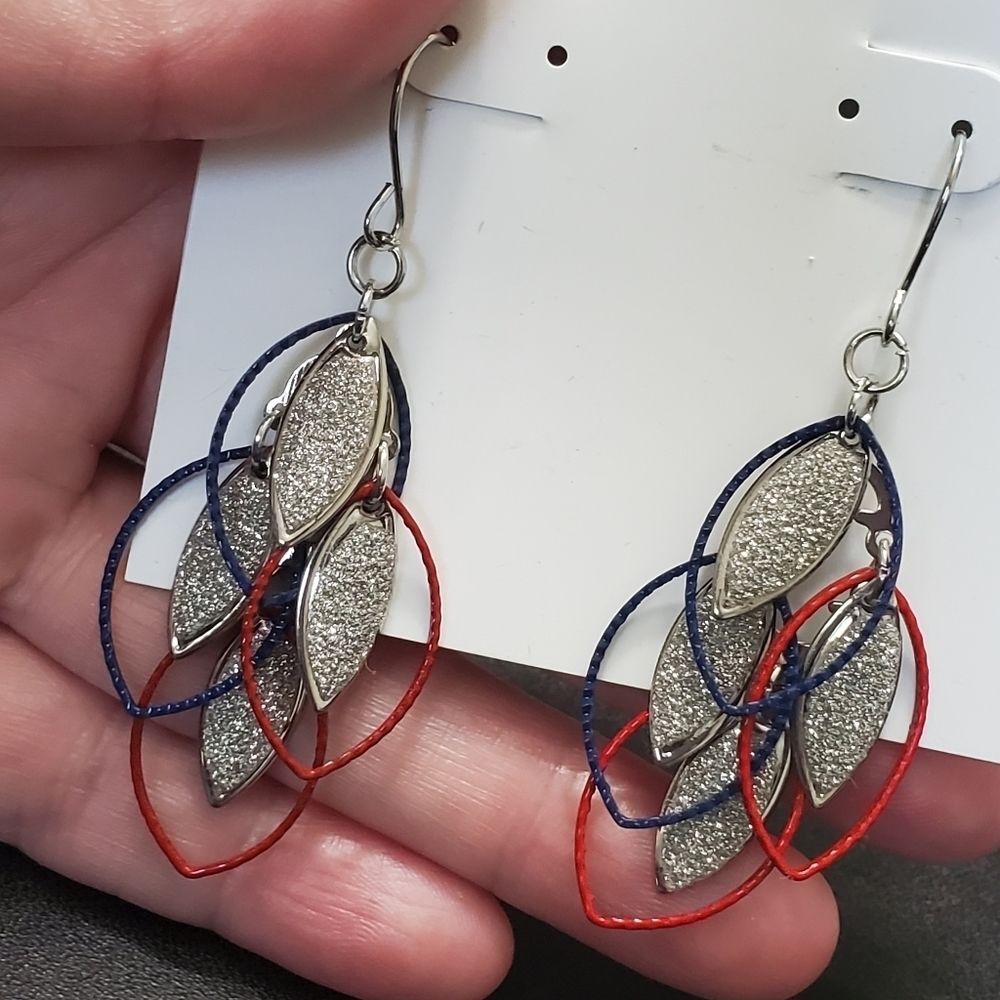 Red blue and sparkly silver tone dangling earrings